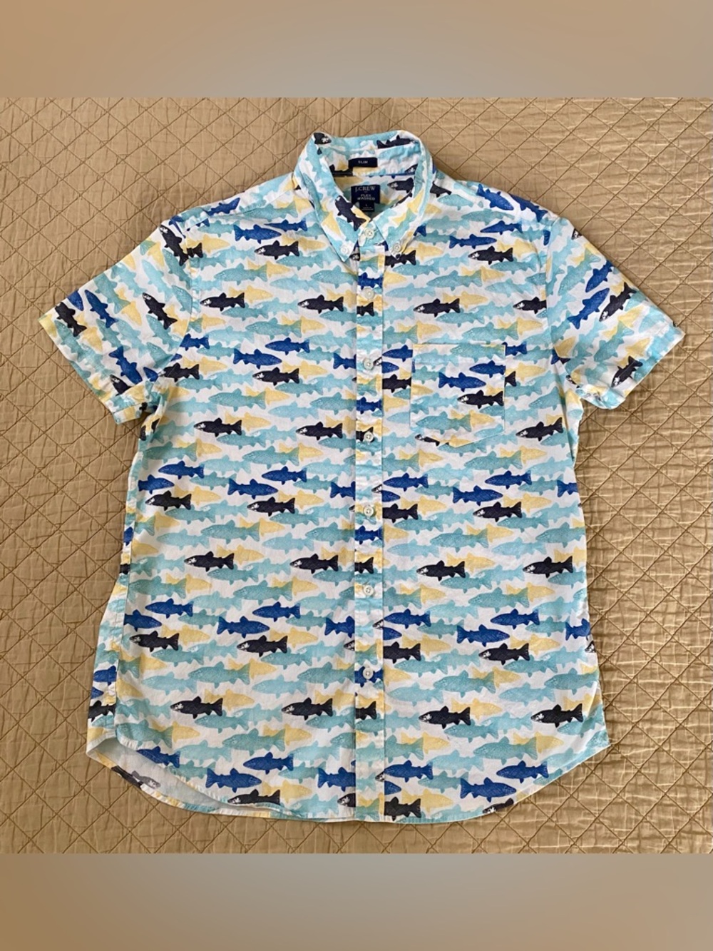 J Crew Shirt Re-imaged Mens Large Fish Print Slim Flex Washed Short Sleeve
